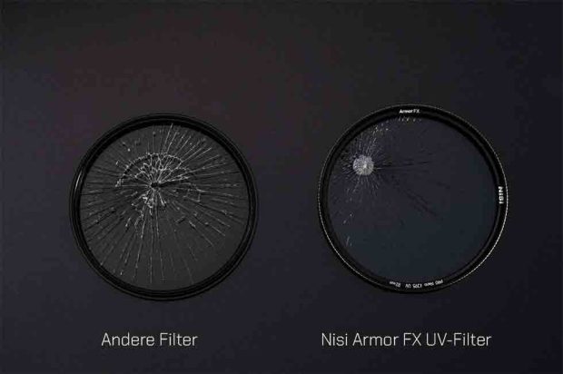 UV Filter: Nisi Armor FX. Bester Schutz für teure Linsen! 4 Der ultimative Schutzschild für das Objektiv: Das Glas vom Armor FX UV bricht, aber splittert nicht. Dies bietet effektiven Schutz für das Objektiv.